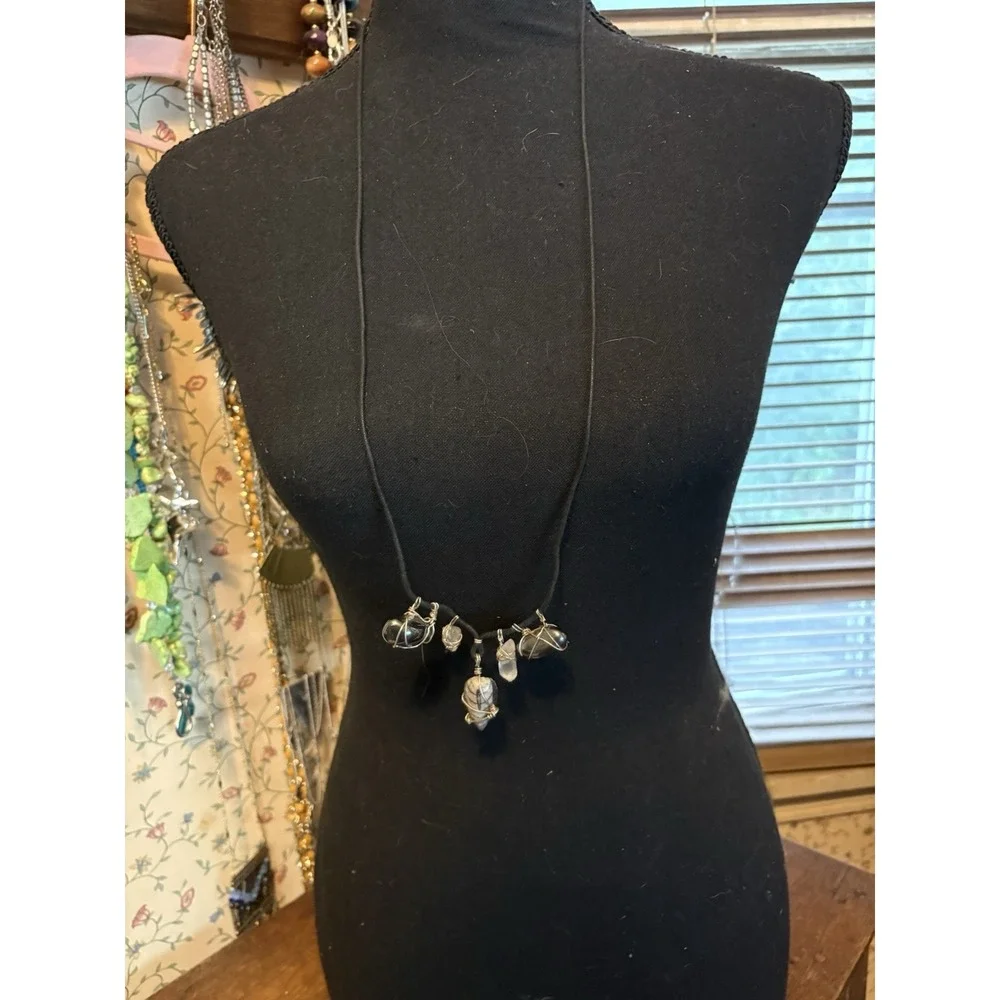 Boho Necklace Set Gray Tassel Wire Wrapped Stone Pendant Layered Jewelry Duo